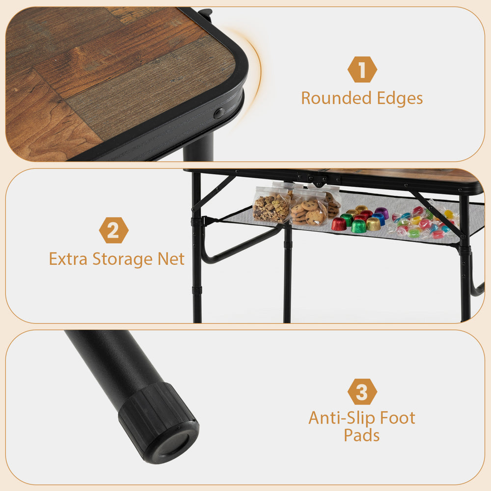 Folding camping table featuring rounded edges, extra storage net, and anti-slip foot pads for versatile outdoor use.