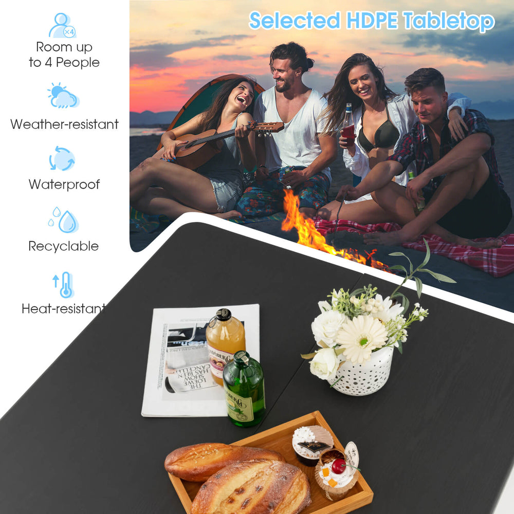 Folding camping table with gray HDPE tabletop, rustproof steel frame, accommodating up to 4 people for outdoor use.