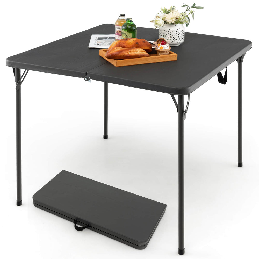 Gray folding camping table with all-weather HDPE tabletop and rustproof steel frame, perfect for outdoor use.