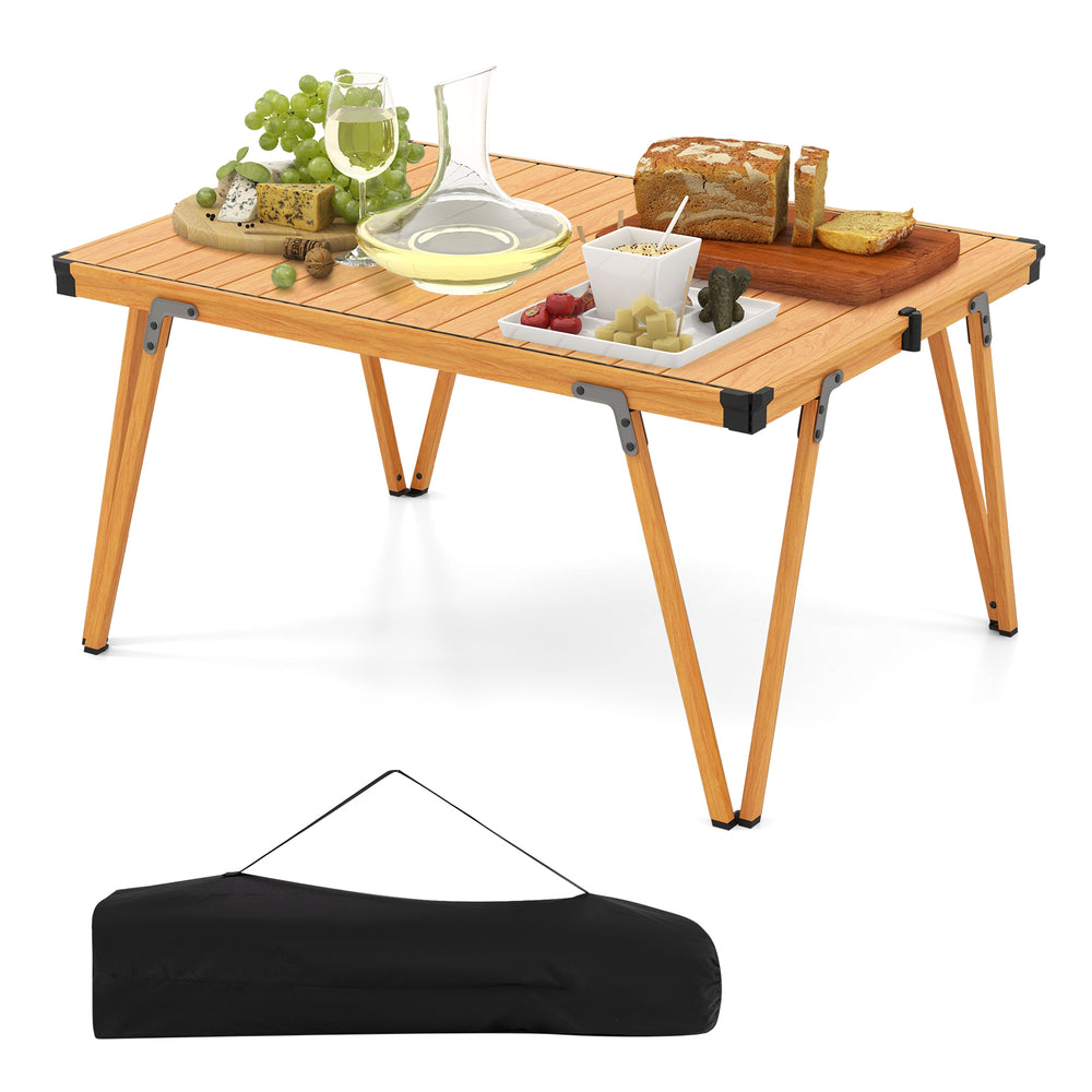 Folding camping table in brown with a waterproof surface, perfect for picnics and outdoor activities, includes storage.