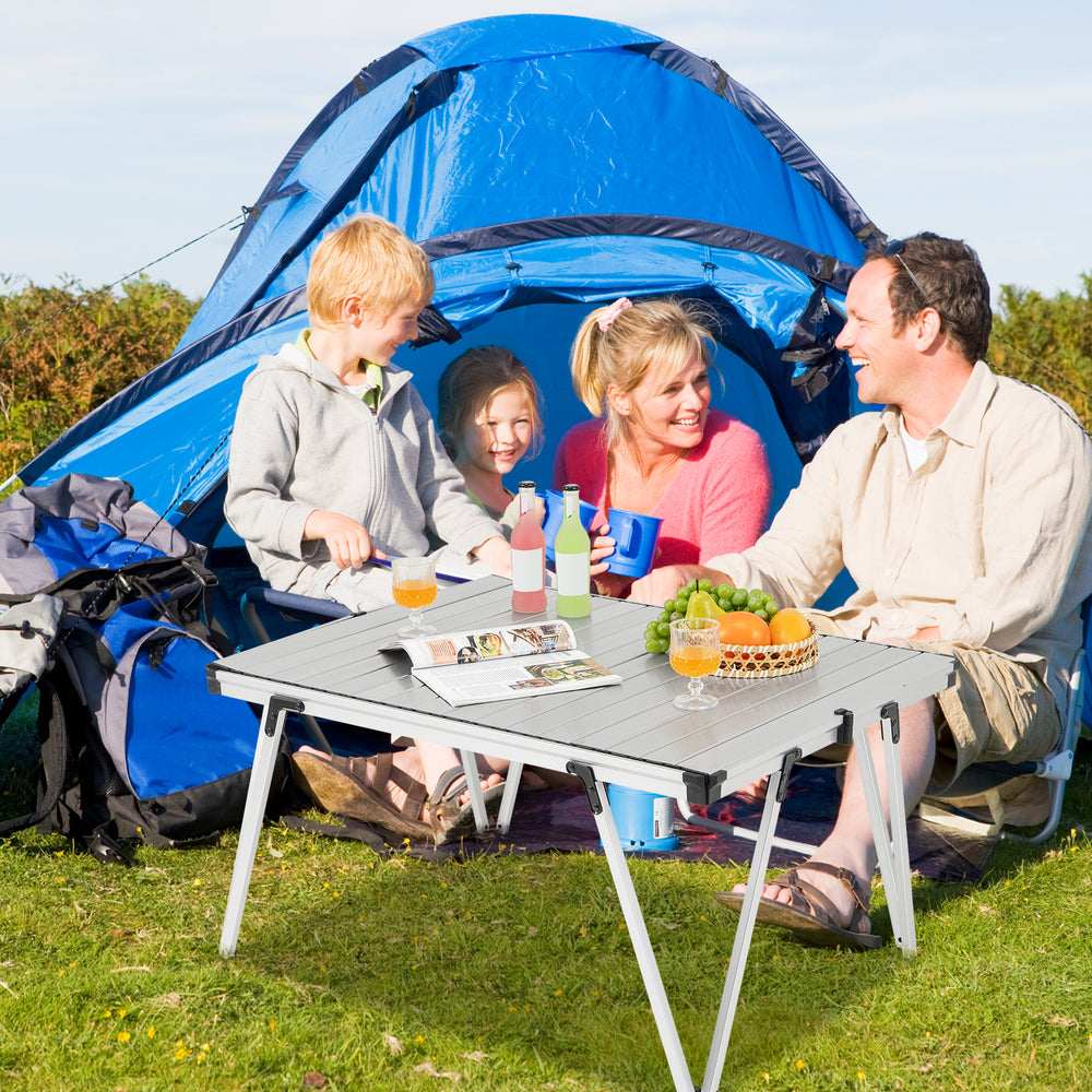 Folding Camping Table Picnic Table with Storage Bag and Waterproof Desktop-Silver - Gallery View 1 of 10