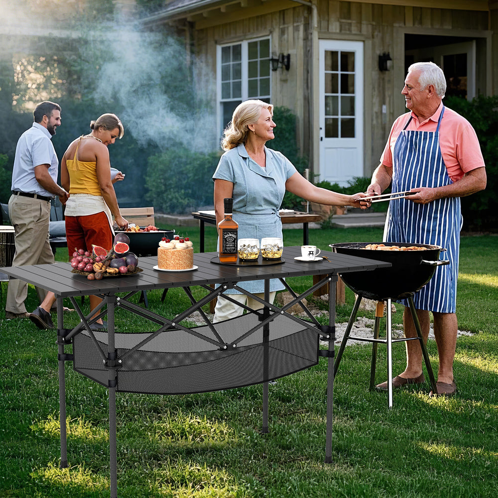 Patio Folding Camping Table with Roll-up Tabletop and Mesh Basket-Black - Gallery View 1 of 10
