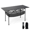 Patio folding camping table with roll-up aluminum tabletop, mesh basket, and sturdy metal frame for outdoor activities.
