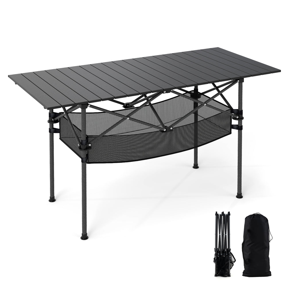 Patio folding camping table with roll-up aluminum tabletop, mesh basket, and sturdy metal frame for outdoor activities.