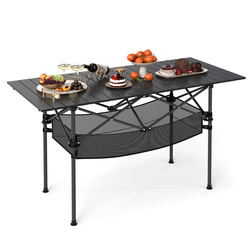 Patio folding camping table with roll-up aluminum tabletop, mesh basket, and heavy-duty metal frame for outdoor.