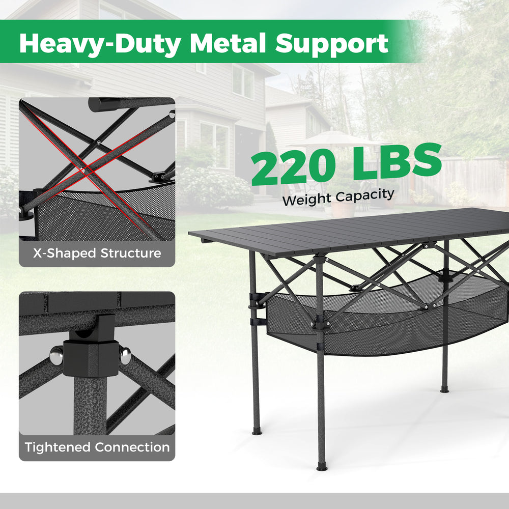 Patio folding camping table with roll-up aluminum tabletop, heavy-duty metal support, and detachable mesh basket for.