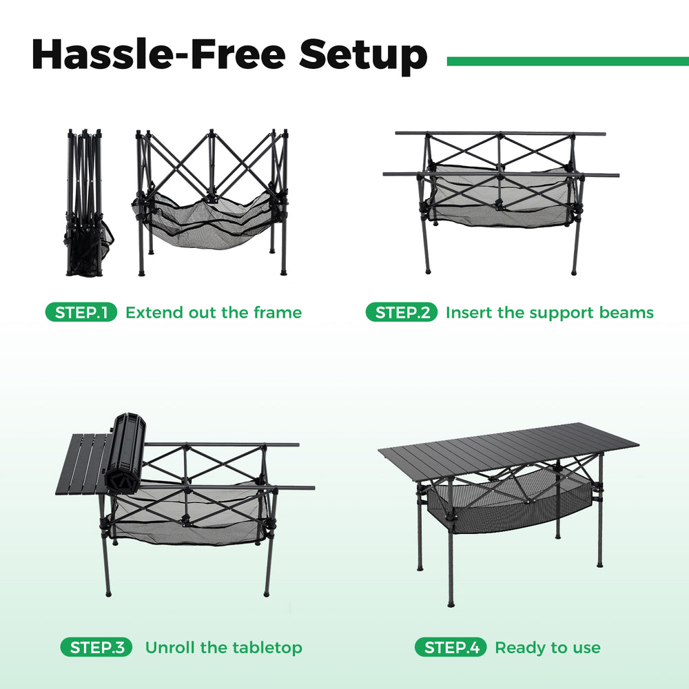 Patio folding camping table with roll-up aluminum tabletop and mesh basket, shown in assembly steps for easy setup.