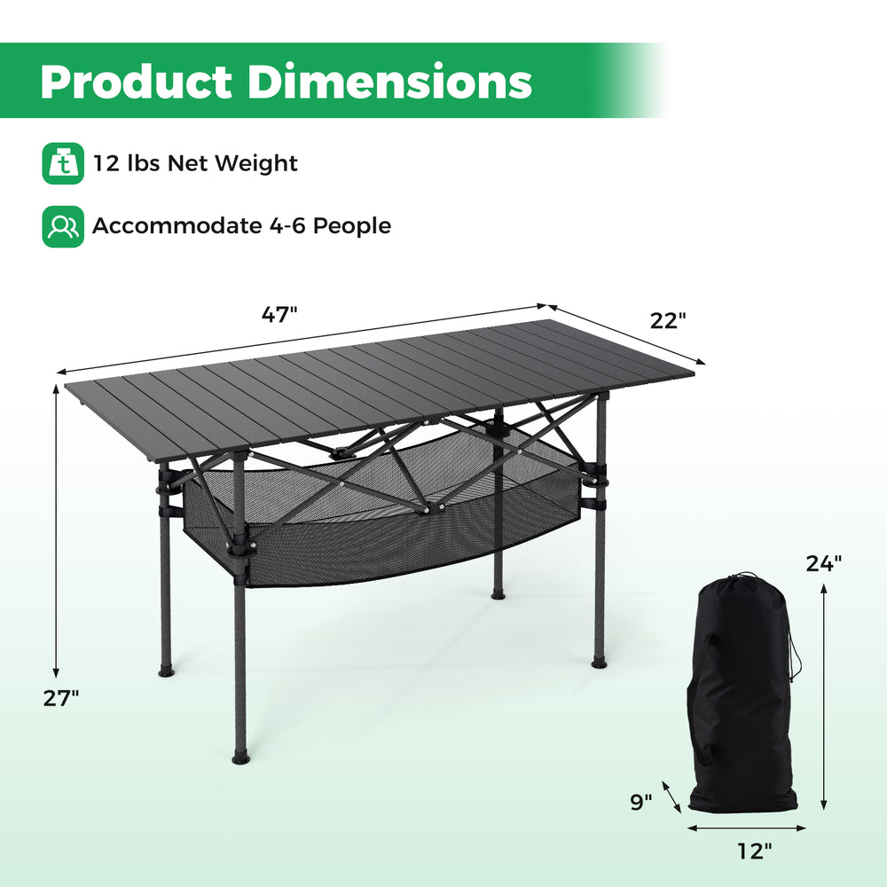 Patio folding camping table with roll-up aluminum tabletop, measuring 47" x 22", accommodates 4-6 people, includes mesh.