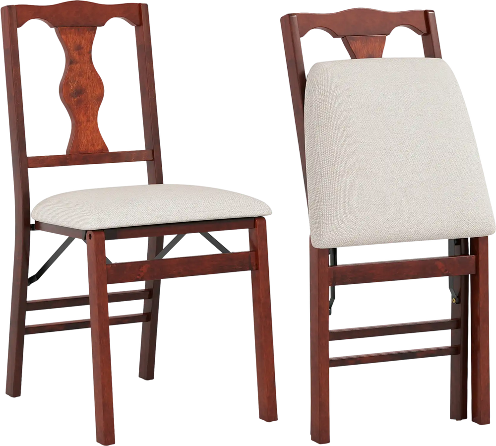 Set of 2 brown folding dining chairs with upholstered padded seats, ergonomic backrest, and sturdy rubber wood frame.