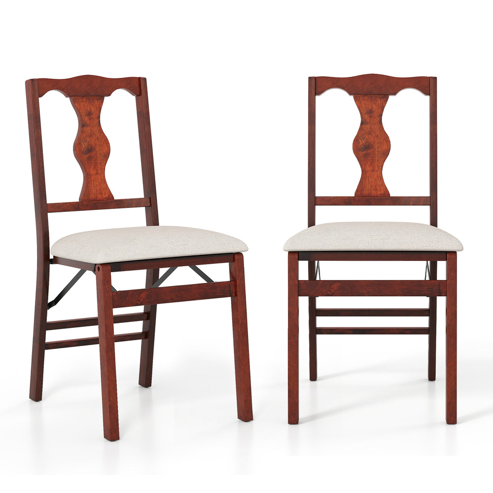 Set of 2 brown folding dining chairs with upholstered padded seats and ergonomic backrests for comfortable seating.