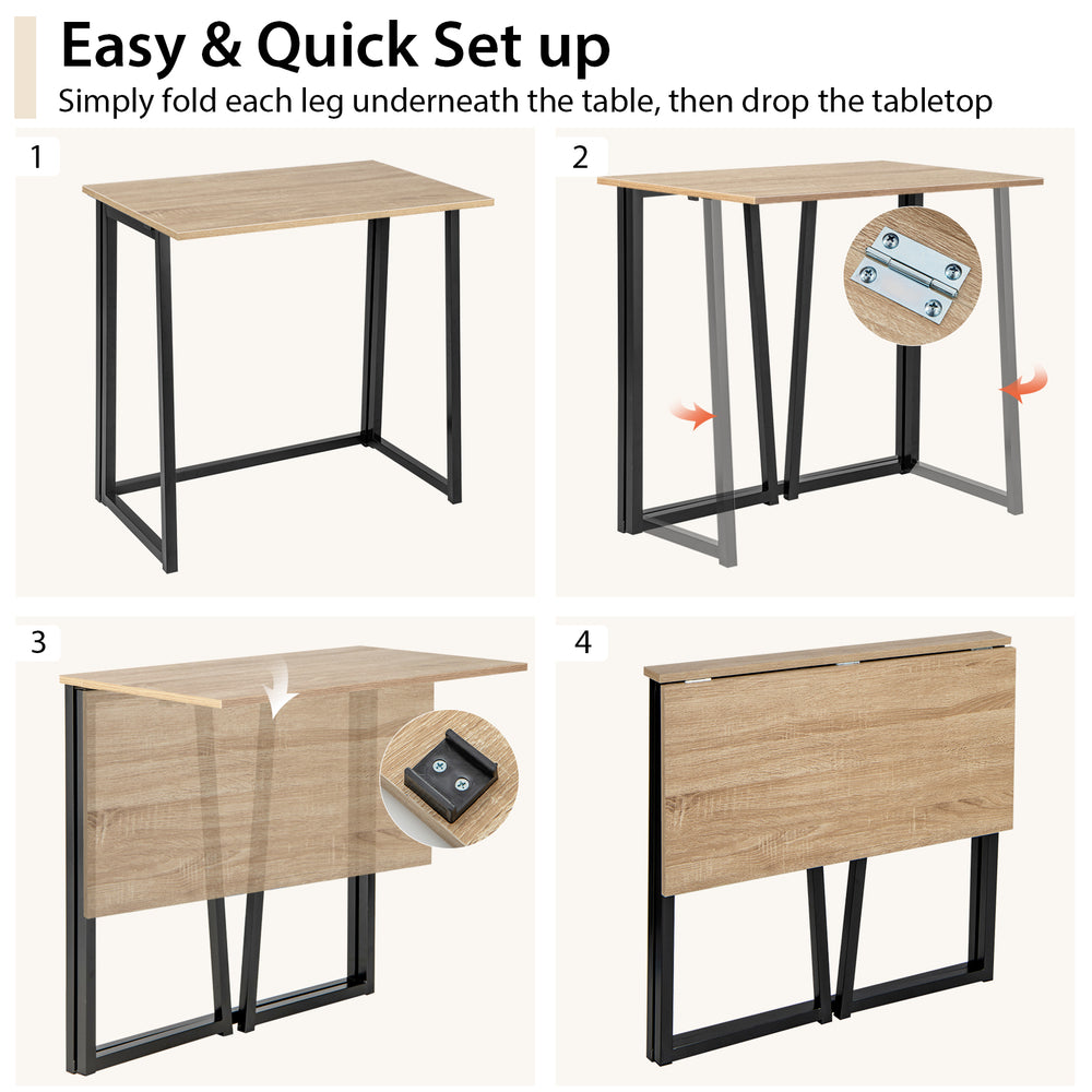 Folding computer desk with a natural finish, showcasing easy setup steps for small spaces and versatile use.