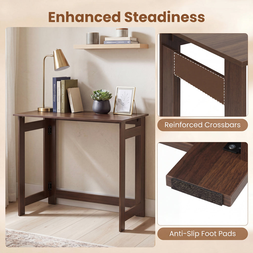 Folding console table in brown with reinforced crossbars and anti-slip foot pads, ideal for hallways and living rooms.