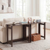 Folding console table with foldable legs in brown, featuring a spacious tabletop for versatile use in living spaces.
