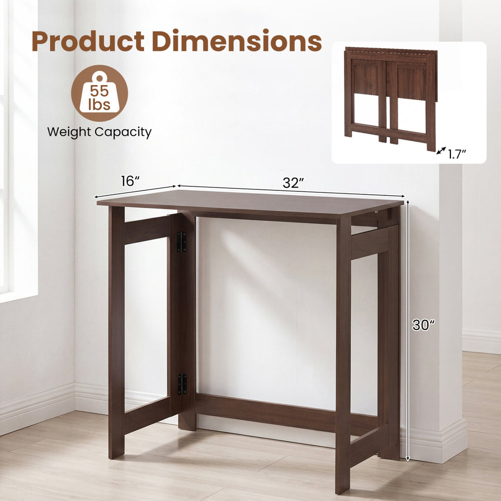Folding console table with foldable legs in brown, featuring a spacious tabletop and sturdy design for hallway use.