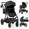 3-in-1 folding convertible stroller in black, featuring a detachable bassinet, reversible seat, and spacious storage.
