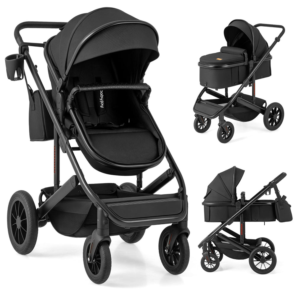 3-in-1 folding convertible stroller in black, featuring a detachable bassinet, reversible seat, and spacious storage.