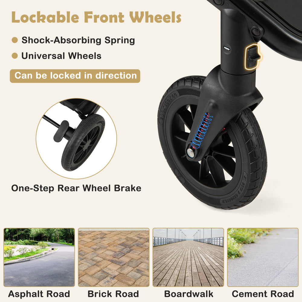 Close-up of the lockable front wheels of the 3-in-1 folding stroller, featuring shock-absorbing springs for stability.