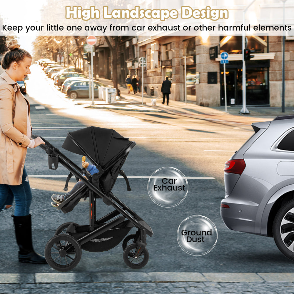 3-in-1 folding convertible stroller in black, featuring a detachable bassinet and high landscape design for safety.