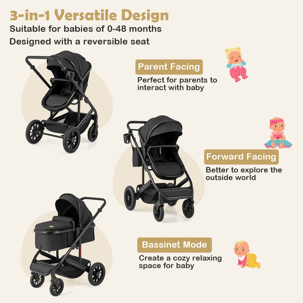 3-in-1 folding stroller in black with detachable bassinet, parent-facing and forward-facing options for versatile use.