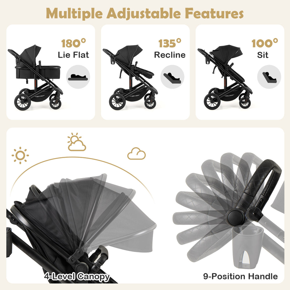 3-in-1 folding stroller in black with adjustable bassinet, 4-level canopy, and 9-position handle for versatile use.