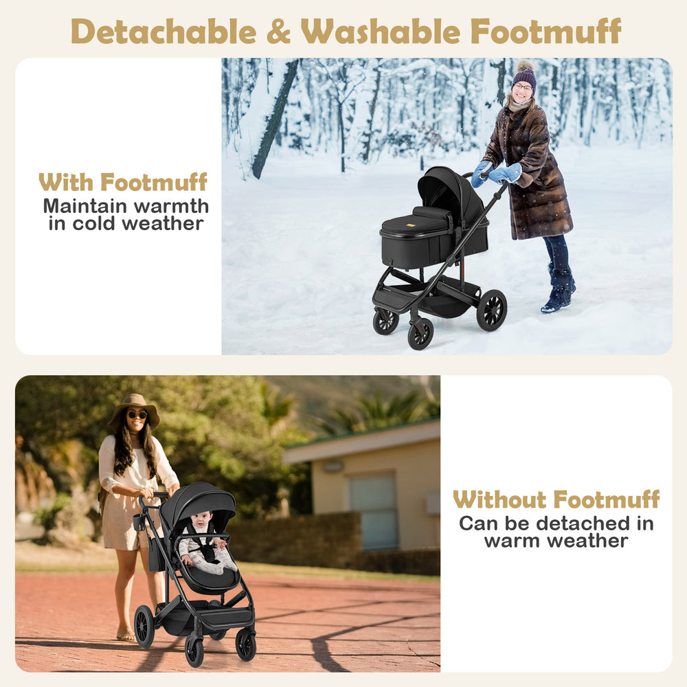 3-in-1 folding stroller in black with detachable footmuff, ideal for cold weather, shown in snowy and sunny settings.