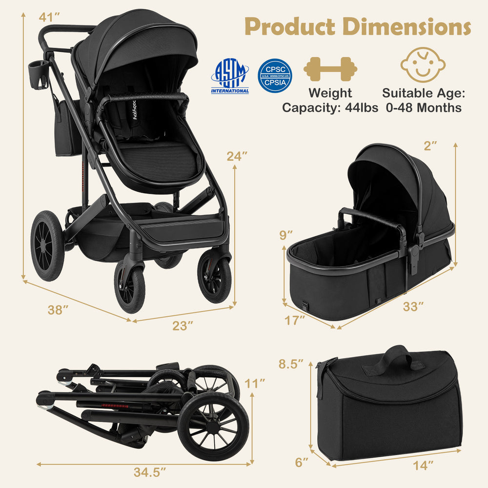 3-in-1 folding convertible stroller in black with detachable bassinet, lightweight frame, and spacious storage basket.