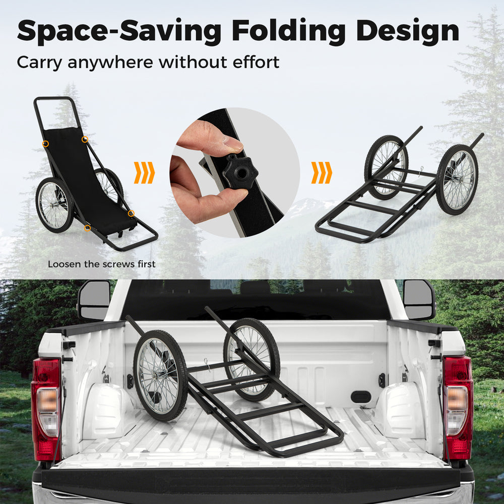 Folding deer game cart with rubber wheels and polyester liner, designed for easy transport and carrying up to 550 lbs.