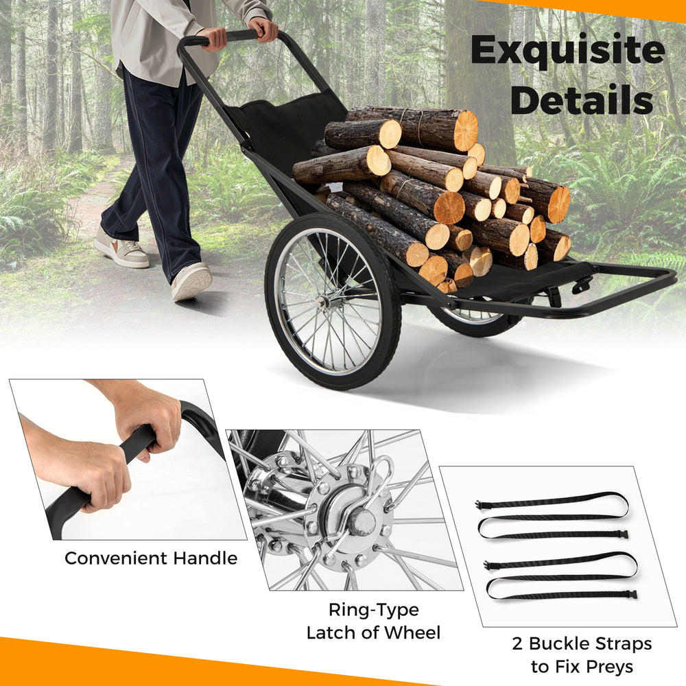Folding deer game cart with rubber wheels, polyester liner, and buckle straps, designed for transporting up to 550 lbs.