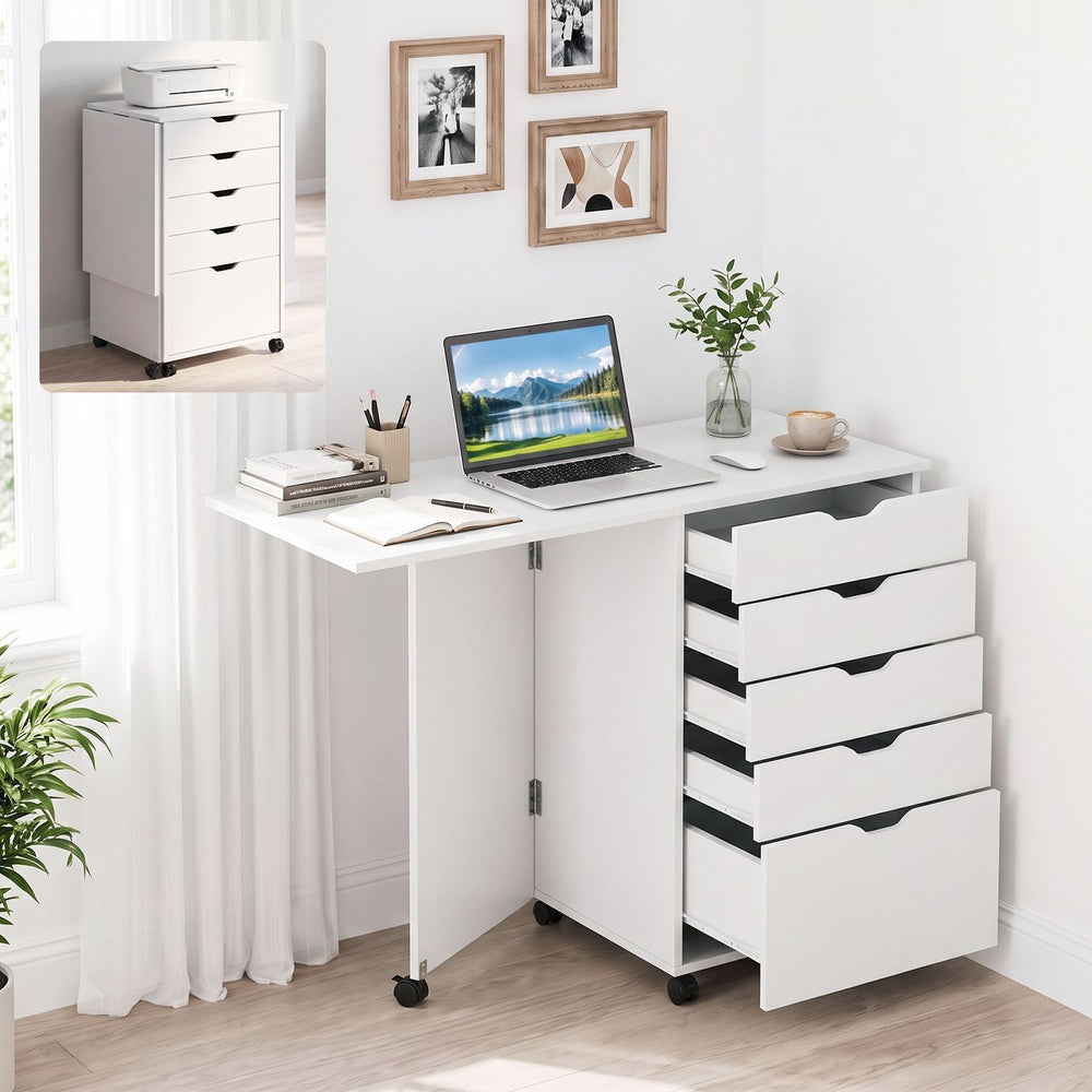 Folding Desk with Storage Drawers and Wheels for Dorms Apartments-White - Gallery View 1 of 10