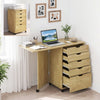 Folding desk with storage drawers in natural finish, featuring five drawers and wheels for easy mobility in small spaces.