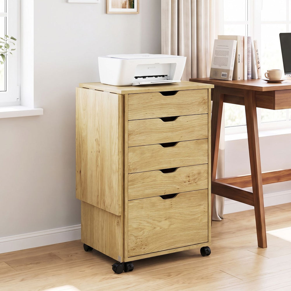 Folding desk with natural finish features five storage drawers and wheels for easy mobility in dorms or apartments.