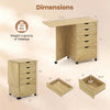 Folding desk with storage drawers and wheels in natural finish, featuring a spacious work surface and five drawers for organization.