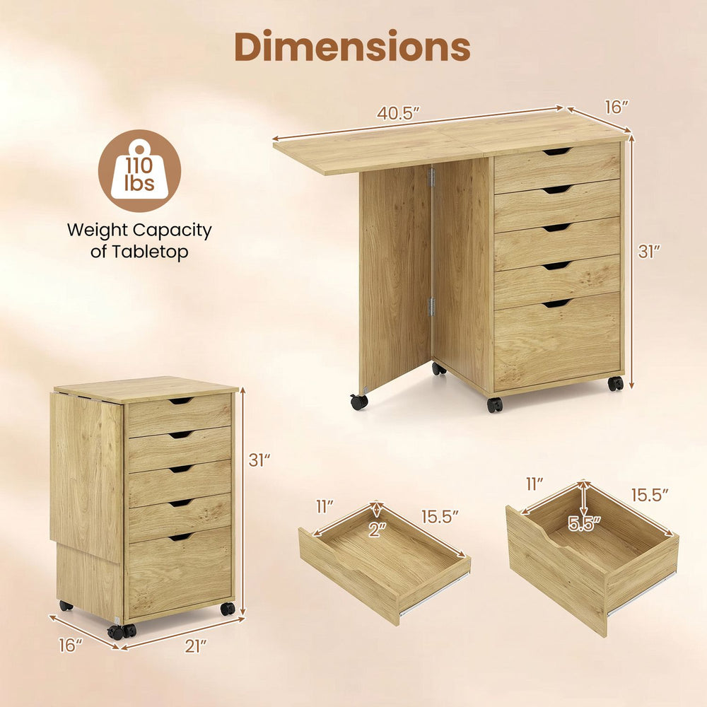 Folding desk with storage drawers and wheels in natural finish, featuring a spacious work surface and five drawers for organization.