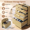 5-drawer storage cabinet with natural finish, ideal for organizing books, stationery, and headphones in dorms or apartments.