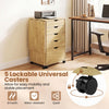 Folding desk with storage drawers in natural finish features 5 lockable casters for easy mobility and stable placement.