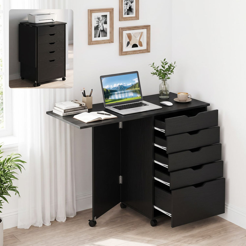 Folding Desk with Storage Drawers and Wheels for Dorms Apartments-Black - Gallery View 1 of 10