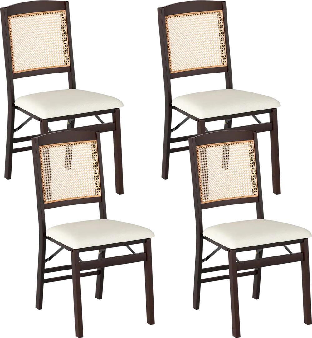Set of 4 folding dining chairs with rubber wood frame, linen padded seats, and rattan backrest for stylish comfort.