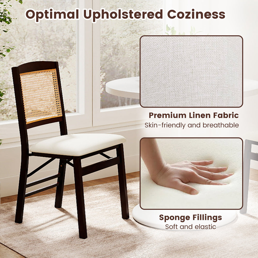 Folding dining chair with a rubber wood frame, linen padded seat, and rattan backrest, ideal for kitchen or dining room.
