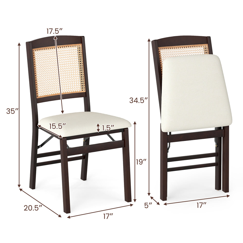 Folding dining chair set of 4 in coffee, featuring rubber wood frame and linen padded seat for kitchen or dining room.