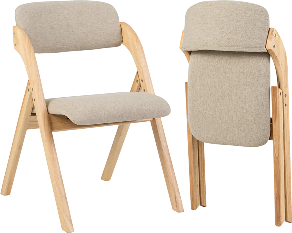 Folding dining chair set with solid rubber wood frame and cushioned seat, perfect for small spaces and easy storage.