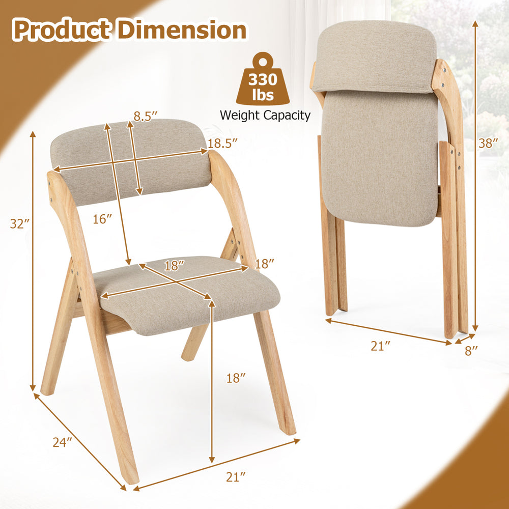 Folding dining chair with cushion features a solid rubber wood frame, ergonomic design, and space-saving convenience.