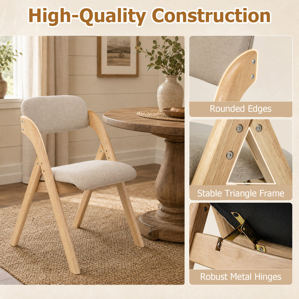 Folding dining chair with cushioned seat, solid rubber wood frame, and ergonomic design for comfortable seating.