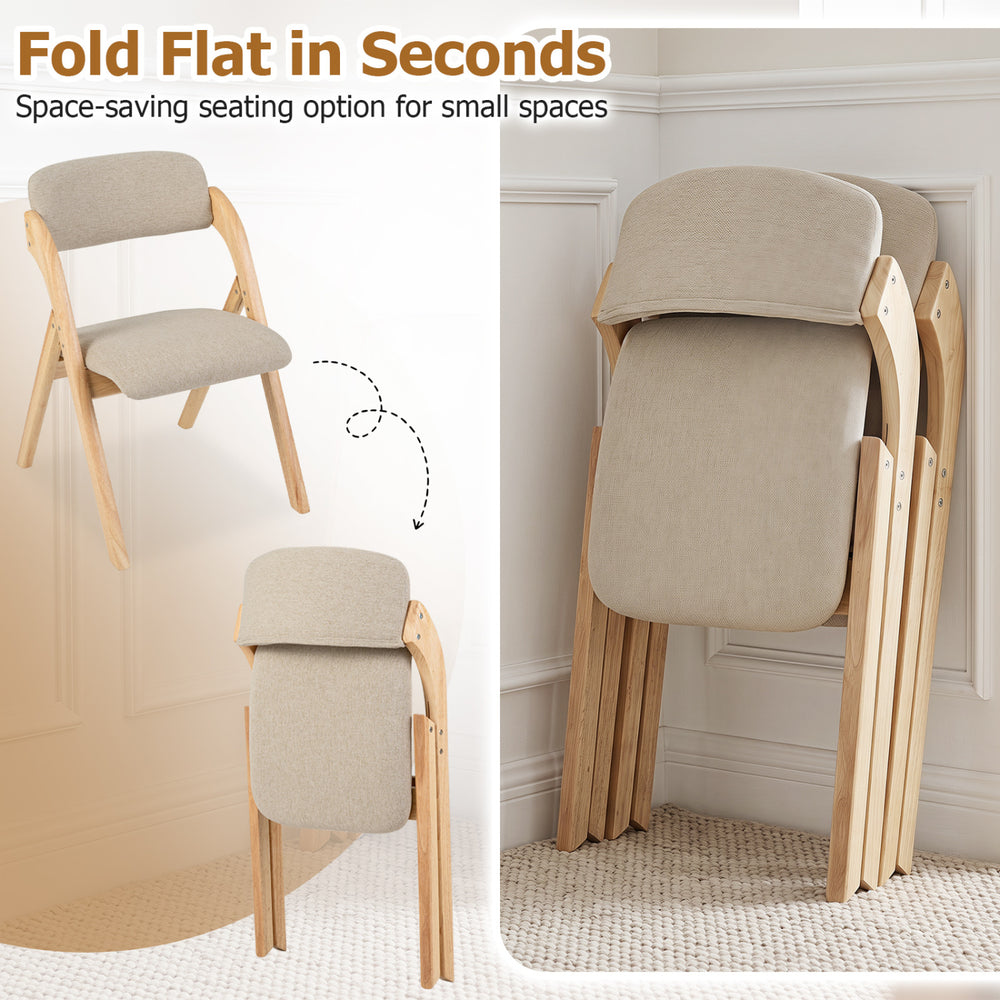 Folding dining chair with cushion features solid rubber wood, ergonomic design, and space-saving for small areas.