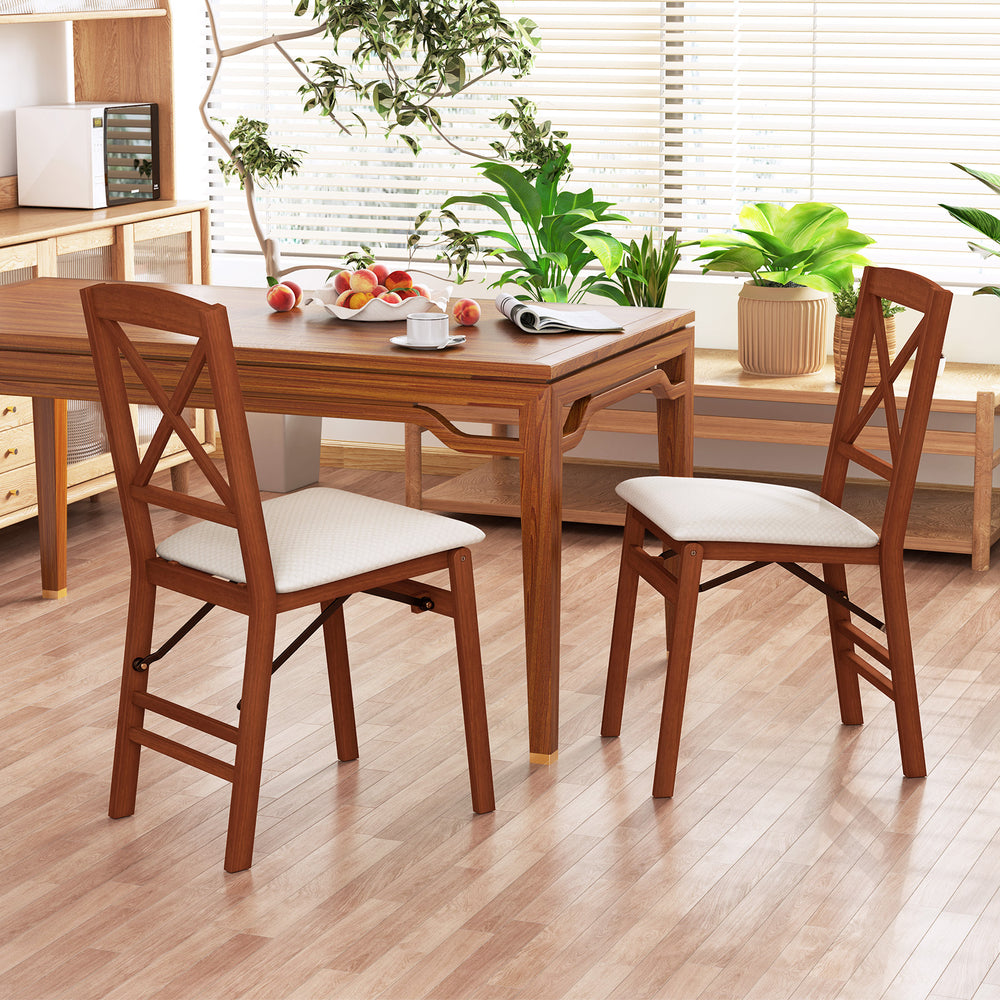 Folding dining chairs set of 2 with padded seats and rubber wood frame, ideal for small spaces and comfort.