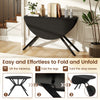 Folding dining table with drop leaves in black, showcasing easy folding mechanism and X-shaped metal frame for compact.