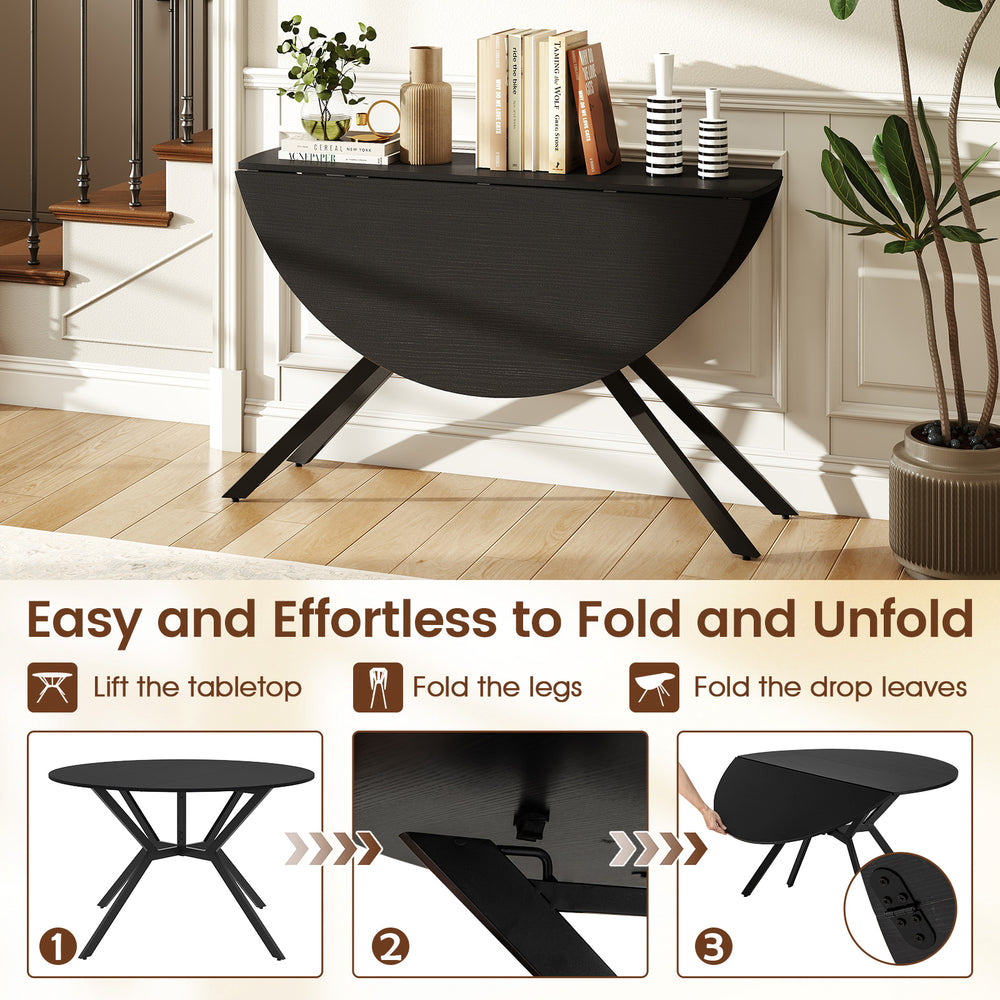 Folding dining table with drop leaves in black, showcasing easy folding mechanism and X-shaped metal frame for compact.