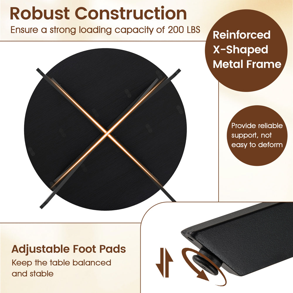 Folding dining table with a 47-inch round MDF top, featuring an X-shaped metal frame and adjustable foot pads for.