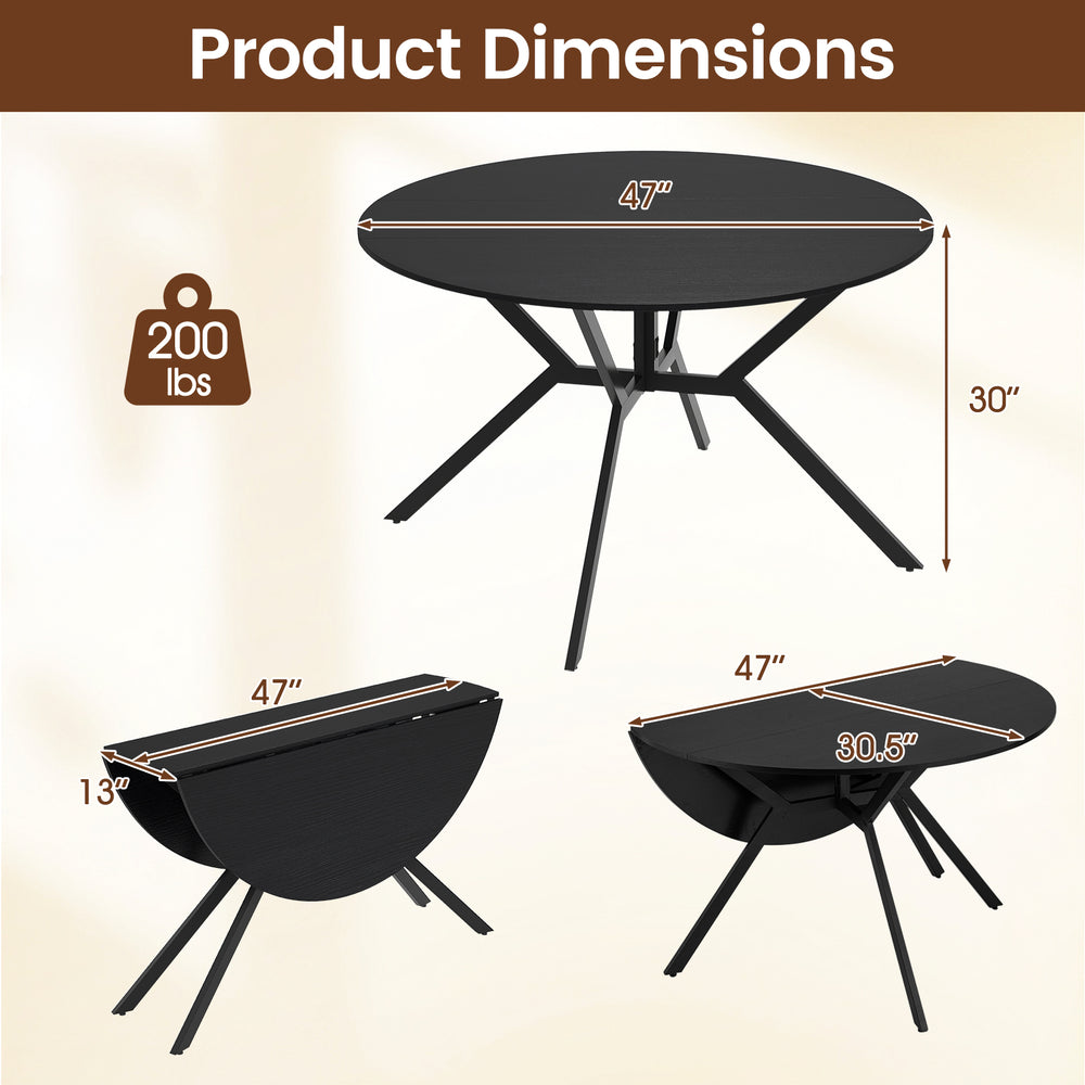 Folding dining table with drop leaves, 47-inch black MDF top, ideal for compact spaces, versatile for various uses.
