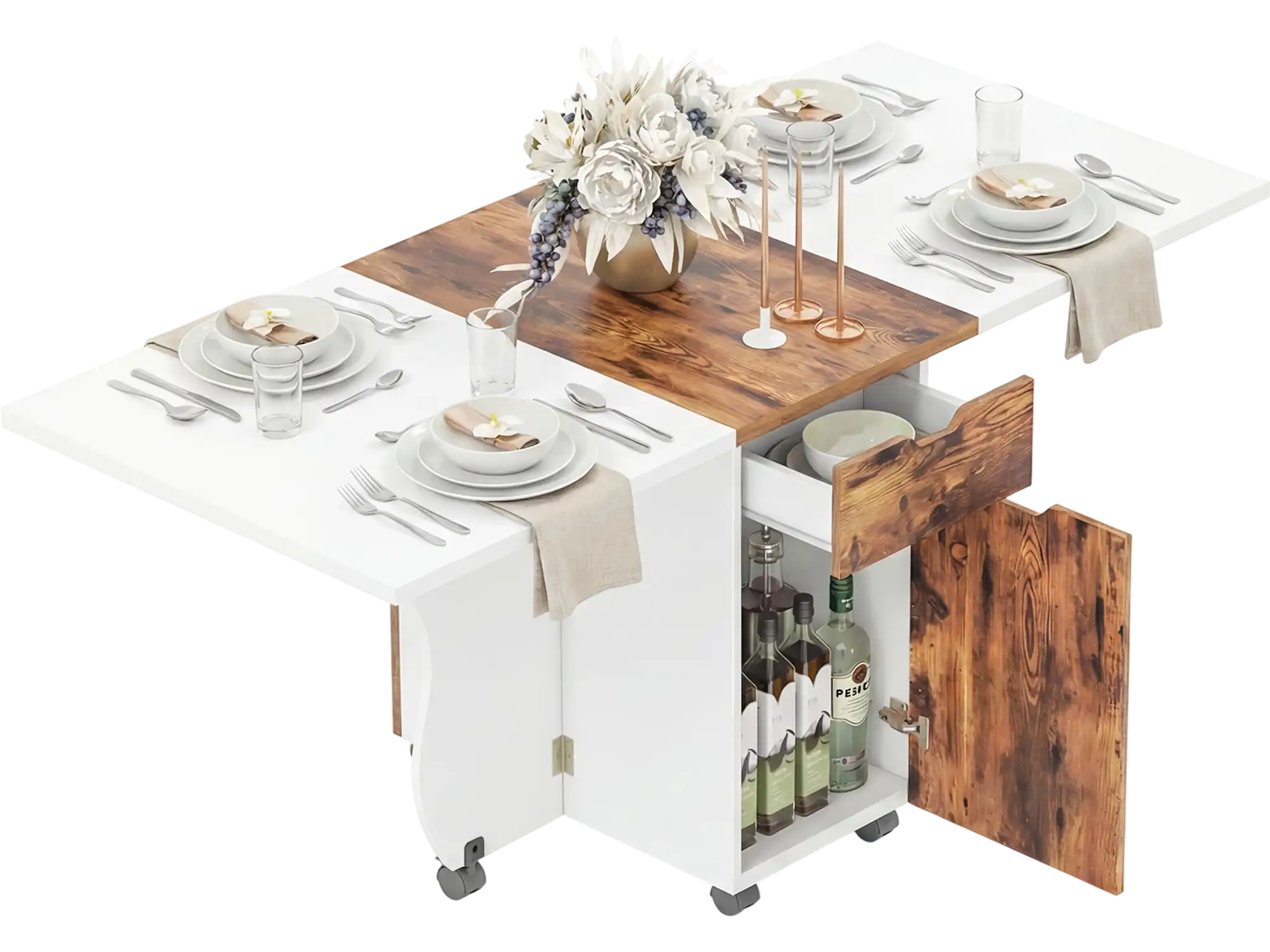 Costway 3-in-1 Folding Drop Leaf Dining Table w/ Lockable Wheels 53579274 New