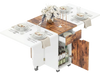 Folding dining table with drop leaf design, featuring a wood-like texture and lockable wheels for versatile kitchen use.